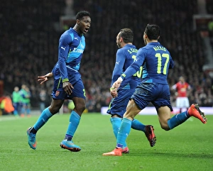 Arsenal's Danny Welbeck, Alexis Sanchez, and Santi Cazorla Celebrate Goals in FA Cup Quarterfinal vs Manchester United (2015)