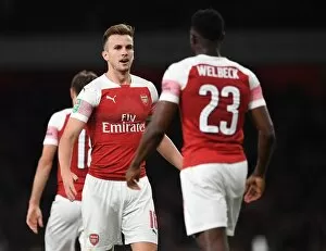 Images Dated 26th September 2018: Arsenal's Danny Welbeck and Rob Holding Celebrate First Goal vs. Brentford in Carabao Cup