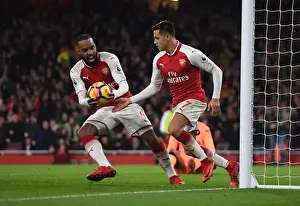 Arsenal V Liverpool 2017-18 Prints: Arsenal's Deadly Duo: Sanchez and Lacazette Celebrate Goal Against Liverpool (2017-18)