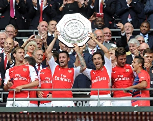Arsenal V Manchester City - FA Community Shield 2014/15 Prints: Arsenal's Debuchy and Flamini Celebrate FA Community Shield Victory (2014/15)