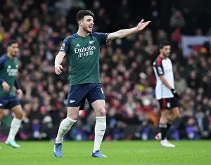 Arsenal's Declan Rice Reacts During Fulham vs Arsenal Premier League Clash (2023-24)