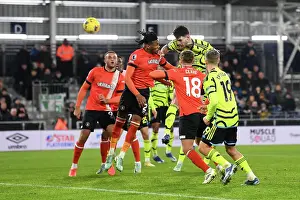 Arsenal's Declan Rice Scores Fourth Goal Amid Pressure from Luton Town Defenders (Luton Town vs Arsenal 2023-24)