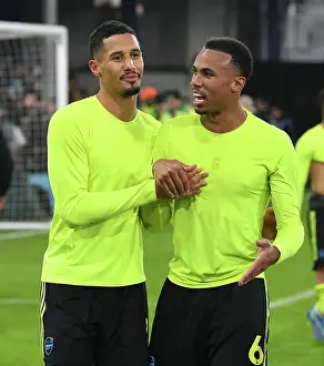 Arsenal's Defenders Gabriel Magalhaes and William Saliba Celebrate Victory over Luton Town (2023-24)