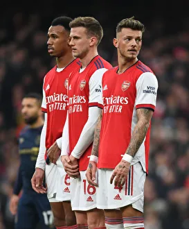 Arsenal's Defense Line: Gabriel, Holding, and White in Action against Burnley (2021-22)