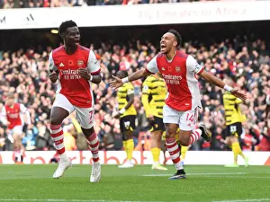 Arsenal's Disallowed Goal: Saka and Aubameyang Celebrate at Emirates Stadium (Arsenal v Watford, 2021-22)