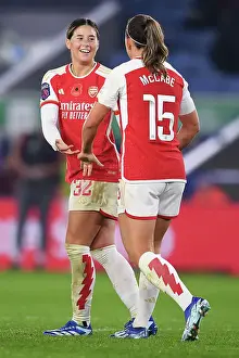 Arsenal's Dominance: Kyra Cooney-Cross and Katie McCabe Celebrate Fourth Goal vs. Leicester City in Barclays Women's Super League