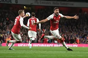 Arsenal v Leicester City 2017-18 Collection: Arsenal's Dominance: Olivier Giroud's Double Strike vs. Leicester City (2017-18)