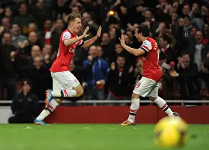 Arsenal V Liverpool 2013-14 Prints: Arsenal's Double Act: Ramsey and Cazorla Celebrate Goals Against Liverpool (2013-14)