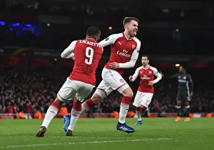 Arsenal V CSKA Moscow 2017-18 Prints: Arsenal's Double Act: Ramsey and Lacazette Celebrate Goals in Europa League Quarterfinal vs