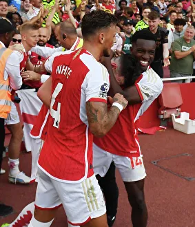 Arsenal's Double Strike: Rice, White, and Nketiah Celebrate Over Manchester United in 2023-24 Premier League
