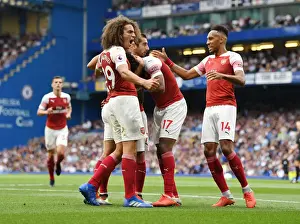 Chelsea V Arsenal 2018-19 Prints: Arsenal's Dynamic Duo: Guendouzi and Aubameyang's Unstoppable Goal Celebrations (Chelsea 2018-19)