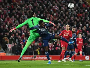 Liverpool V Arsenal Carabao Cup 21-22 Prints: Arsenal's Eddie Nketiah Clashes with Liverpool's Alisson in Carabao Cup Semi-Final