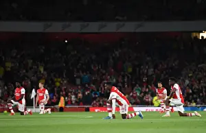 Arsenal V AFC Wimbledon 2021-22 Prints: Arsenal's Eddie Nketiah Kneels During Carabao Cup Match vs AFC Wimbledon