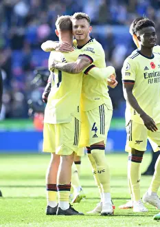 Leicester City V Arsenal 2021-22 Prints: Arsenal's Emile Smith Rowe and Ben White Celebrate Victory Over Leicester City in Premier League