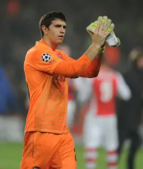 Arsenal V Borussia Dortmund 2014-15 Prints: Arsenal's Emiliano Martinez Reacts After Arsenal FC vs Borussia Dortmund
