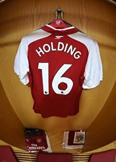 Arsenal v Leicester City 2017-18 Collection: Arsenal's Emirates Stadium: Rob Holding's Shirt in the Home Changing Room Before Arsenal vs