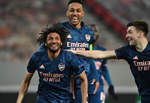 Images Dated 12th March 2021: Arsenal's Europa League Triumph: Elneny, Aubameyang, and Tierney Celebrate 3-Goal Lead Over