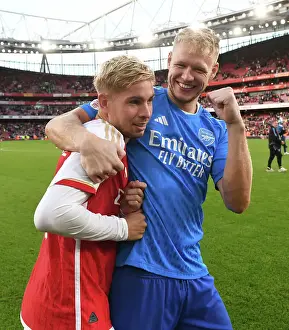 Arsenal's Exuberant Post-Match Celebration: Emile Smith Rowe and Aaron Ramsdale at Emirates Cup 2023-24