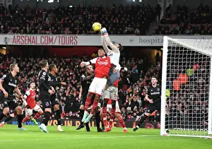 Arsenal V West Ham United 2022-23 Prints: Arsenal's Gabriel Clashes with West Ham's Fabianski in Premier League Showdown