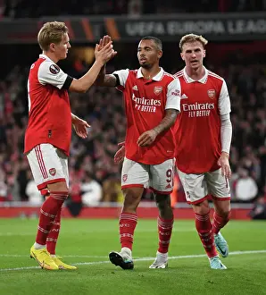 Arsenal's Gabriel Jesus Celebrates Setting Up Third Goal Against FK Bodo/Glimt in UEFA Europa League