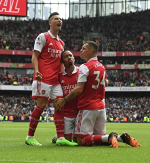 Arsenal's Gabriel Jesus, Martinelli, and Xhaka Celebrate Goals Against Tottenham in 2022-23 Premier League