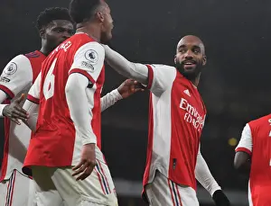 Arsenal's Gabriel and Lacazette Celebrate Goals Against Southampton (2021-22)