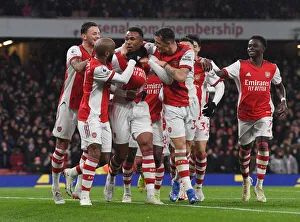 Arsenal's Gabriel, Lacazette, White, Saka, and Xhaka Celebrate Goals Against Southampton (December 2021)