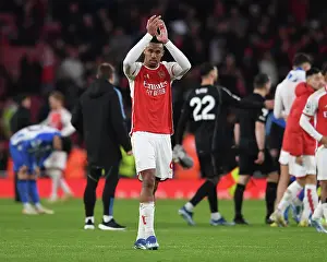 Arsenal's Gabriel Magalhaes Celebrates with Fans After Arsenal v Brighton & Hove Albion Win (2023-24)