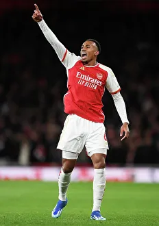 Arsenal's Gabriel Reacts During Arsenal vs. West Ham United, Premier League 2023-24