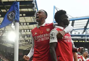 Chelsea V Arsenal 2022-23 Prints: Arsenal's Gabriel and Saka: Celebrating a Thrilling Goal Against Chelsea in the 2022-23 Premier League