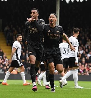 Images Dated 12th March 2023: Arsenal's Gabriel and Saliba Celebrate First Goal in Fulham Victory, Premier League 2022-23