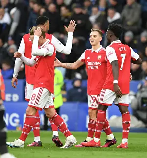 Arsenal's Gabriel, Trossard, and Saka in Action against Leicester City - Premier League 2022-23