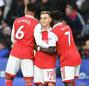 Arsenal's Gabriel, Trossard, and Saka in Action: Leicester City vs Arsenal, Premier League 2022-23