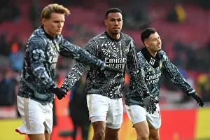 Arsenal's Gabriel Warming Up Ahead of Arsenal v Wolverhampton Wanderers, Premier League 2023-24
