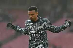 Arsenal's Gabriel Warms Up Ahead of Arsenal v Wolverhampton Wanderers (2023-24)
