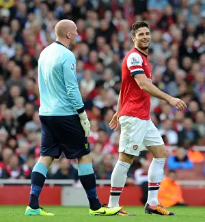 Arsenal V Norwich City 2013-14 Prints: Arsenal's Giroud Engages Norwich's Ruddy During Premier League Clash