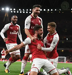 Arsenal V Leicester City 2017-18 Prints: Arsenal's Giroud, Ramsey, and Kolasinac Celebrate Goals Against Leicester City (2017-18)