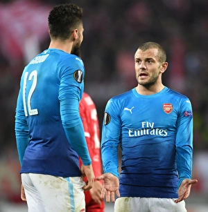 FC Koln V Arsenal 2017-18 Prints: Arsenal's Giroud and Wilshere in Action against 1. FC Koln in Europa League