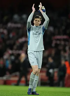 Arsenal V AC Milan 2011-12 Prints: Arsenal's Glorious Night: Wojciech Szczesny Celebrates 3-0 Win Over AC Milan in the UEFA Champions League