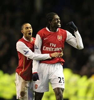 Everton v Arsenal 2007-08 Collection: Arsenal's Glory: Clichy and Adebayor's Jubilant Victory Celebration after 4-1 Win over Everton
