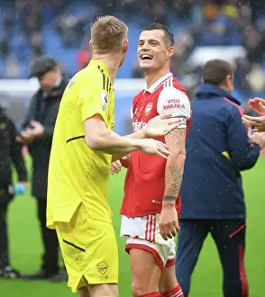 Chelsea V Arsenal 2022-23 Prints: Arsenal's Glory: Ramsey and Xhaka Celebrate Hard-Fought Victory Over Chelsea (2022-23)