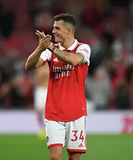 Arsenal's Granit Xhaka Celebrates with Fans after Arsenal v Aston Villa Win, 2022-23 Premier League
