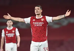 Arsenal's Granit Xhaka in Europa League Action vs Olympiacos (Behind Closed Doors)