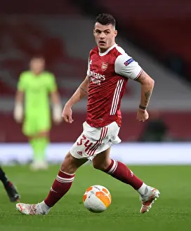 Arsenal's Granit Xhaka in UEFA Europa League Quarterfinal vs Slavia Praha at Empty Emirates Stadium