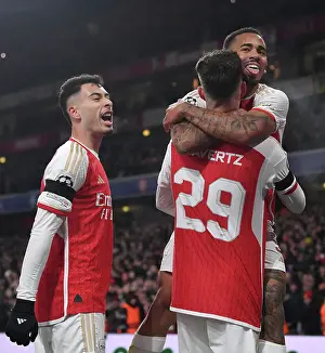 Arsenal's Havertz, Jesus, and Martinelli Celebrate First Goal Against RC Lens in 2023-24 UEFA Champions League