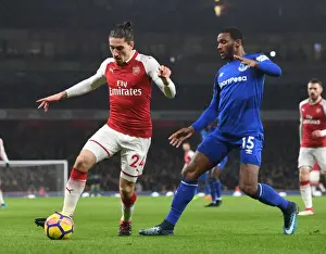 Arsenal V Everton 2017-18 Prints: Arsenal's Hector Bellerin Clashes with Everton's Cuco Martina in Premier League Showdown