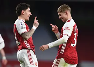 Arsenal's Hector Bellerin and Emile Smith Rowe Celebrate Goals Against Leeds United
