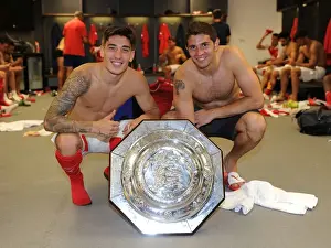 Arsenal's Hector Bellerin and Emiliano Martinez Celebrate Community Shield Victory over Chelsea