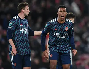Liverpool V Arsenal Carabao Cup 21-22 Prints: Arsenal's Holding and Gabriel Face Off Against Liverpool in Carabao Cup Semi-Final