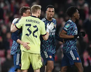 Liverpool V Arsenal Carabao Cup 21-22 Prints: Arsenal's Holding, Ramsey, and Magalhaes at Liverpool's Anfield - Carabao Cup Semi-Final First Leg